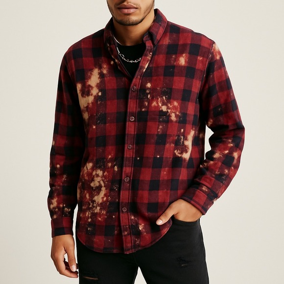 Izod Mens XL Red Plaid Flannel Shirt Grunge 90s Street Style Upcycled Bleached - Picture 1 of 13